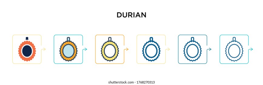 Durian vector icon in 6 different modern styles. Black, two colored durian icons designed in filled, outline, line and stroke style. Vector illustration can be used for web, mobile, ui