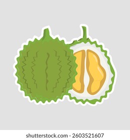 Durian Vector Illustration Sticker. A durian vector illustration sticker, featuring a whole and sliced durian fruit. Perfect for food-related designs, tropical themes, and exotic fruit lovers