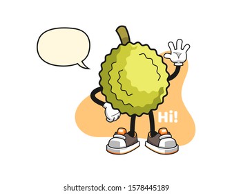 Durian wave hand with speech bubble cartoon. Mascot Character vector.