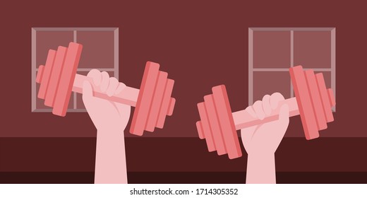 During confinement at home, find free time to exercise by lifting dumbbells to strengthen muscles.
Illustration about lift dumbbells.