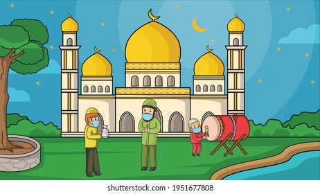 During the corona pandemic, Muslim activity and pray. Greeting forgiveness, donation zakat, using masks and health protocols. Vector children book illustration