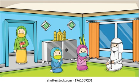 During the corona virus pandemic, Muslims stay at home, in Ramadan month. children praying and mother bring Muslim al-Quran, using masks and health protocols. children book illustration vector.