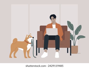 During a crucial business call, the character's Shiba Inu persistently tries to grab their attention by bringing a leash, hinting at a longing for a walk outside