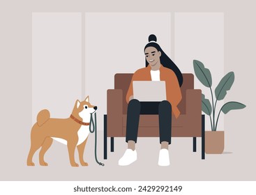 During a crucial business call, the character's Shiba Inu persistently tries to grab their attention by bringing a leash, hinting at a longing for a walk outside