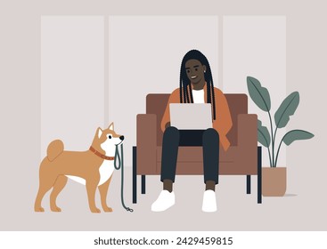 During a crucial business call, the character's Shiba Inu persistently tries to grab their attention by bringing a leash, hinting at a longing for a walk outside