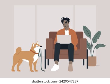 During a crucial business call, the character's Shiba Inu persistently tries to grab their attention by bringing a leash, hinting at a longing for a walk outside