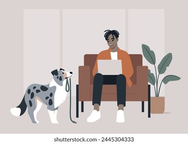 During a crucial business call, the character's merle border collie persistently tries to grab their attention by bringing a leash, hinting at a longing for a walk outside