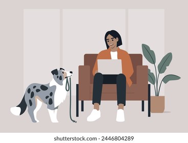 During a crucial business call, the character's merle border collie persistently tries to grab their attention by bringing a leash, hinting at a longing for a walk outside