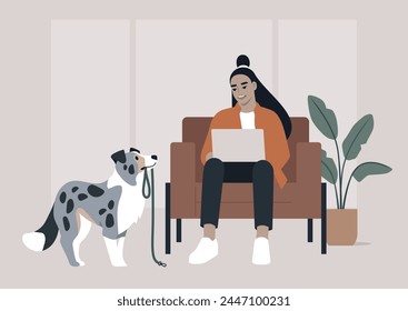 During a crucial business call, the character's merle border collie persistently tries to grab their attention by bringing a leash, hinting at a longing for a walk outside