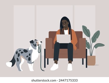 During a crucial business call, the character's merle border collie persistently tries to grab their attention by bringing a leash, hinting at a longing for a walk outside