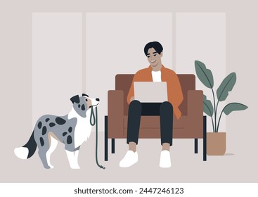 During a crucial business call, the character's merle border collie persistently tries to grab their attention by bringing a leash, hinting at a longing for a walk outside