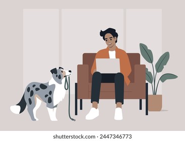 During a crucial business call, the character's merle border collie persistently tries to grab their attention by bringing a leash, hinting at a longing for a walk outside