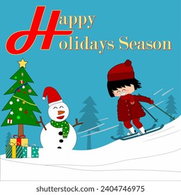 During the holiday season, a girl in a red overcoat, red scarf, red knit hat, and white ski boots. She was having fun skiing, and there was also a snowman under the Christmas tree full of gift boxes. 