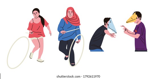 During Indonesia's independence day there were many competitions. For example, a race with a face covered in paper funnels or herding the hula hoop to the finish line