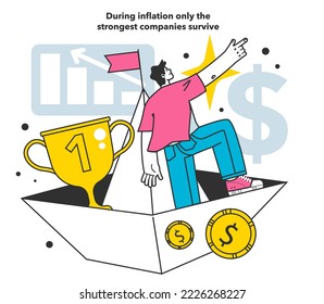 During inflation only the strongest companies survive. Economics crisis and value of money decline implication. Business success during recession. Flat vector illustration