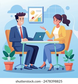 During a job interview, HR managers and prospective employees engaged in conversation. A man and a woman sat at a table, discussing career opportunities. This scene represents a business or human reso