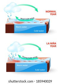 Durante los años de La Nina, la piscina de cálidas aguas oceánicas se desplaza hacia el oeste. Las lluvias aumentan en Indonesia y en la región del Pacífico occidental y disminuyen en el Océano Pacífico oriental-central y oriental.