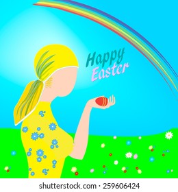 During a nice sunny spring day a girl is holding an easter egg in her hand, flowers have blown in the meadow and a rainbow colors the sky.