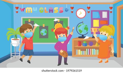 During pandemic corona virus,children happy to activity in the school.Playing paper throw,Using Painting tools ,greeting with friends.Using mask and health protocol.Vector Book children Illustration.