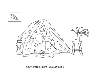 During the pandemic, the family set up a tent to spend time at home, playing with their children and reading a book.