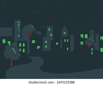 During the period of coronavirus quarantine and self-isolation, people are at home and look out the Windows. An empty night city with silhouettes of people, houses, trees, stars and a road. Vector.