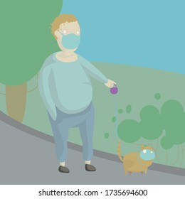 during quarantine, a fat man walks a cat in a mask
