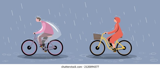 During the rainy season, there is always rain, so people riding bicycles must wear rain gear to protect them from the rain. Flat vector illustration design