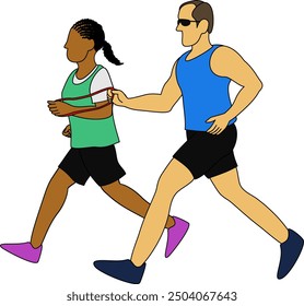 During a road run or marathon, a visually impaired male runner and a female running guide run by holding the rope to ensure they run in sync.