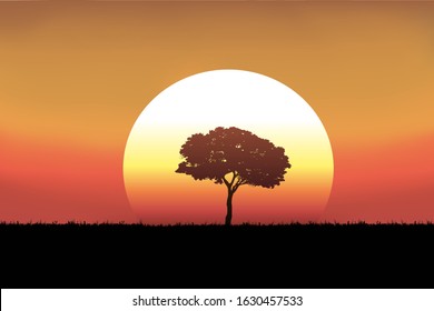 During the summer season, the sun sets over a countryside landscape, with the only backdrop of a tree against the light of the sun.