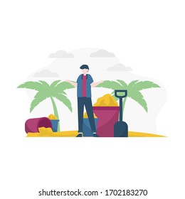 Durante las vacaciones de verano, el hombre va a la playa para tomar el sol y la ilustración del vector del partido, adecuada para la página de aterrizaje, ui, sitio web, aplicación móvil, editorial, afiche, volante, artículo y pancarta.