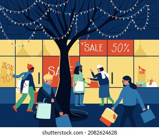 During the winter sale, people are in a hurry to buy goods at discounts. Men and women walk down the street with shopping bags. The shopping street is full of people. Flat vector illustration.