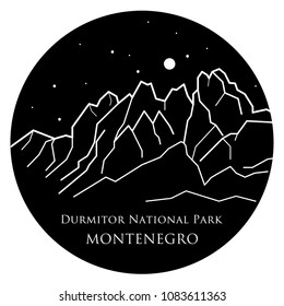 Durmitor National Park, Montenegro. Vector black and white illustration. Can be used as a print for clothes, T-shirts, mugs, textiles, souvenirs, and notepads.