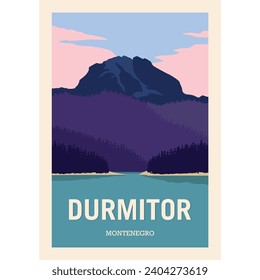 Durmitor national park poster. WPA style vector illustration of Black Lake in Durmitor, Montenegro. Hiking, activity, travel, wanderlust concept.