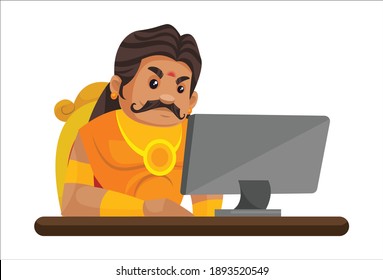 Duryodhana is sitting on throne and working on computer. Vector graphic illustration. Individually on a white background.