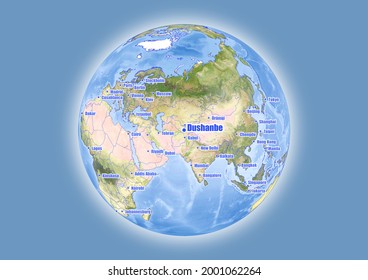 Dushanbe-Tajikistan is shown on vector globe map. The map shows Dushanbe-Tajikistan 's location in the world.