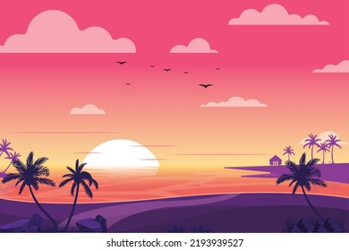 Dusk Beach - Modern Flat landscape illustration.