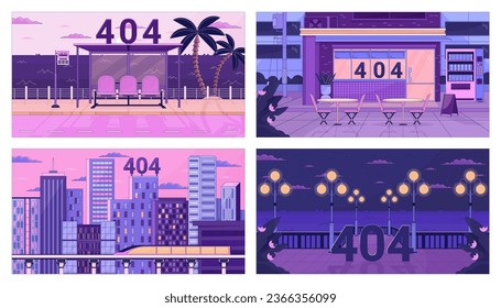 Dusk city error 404 flash message set. Storefront, bus stop, waterfront. Web landing pages ui design. Not found cartoon image pack, dreamy vibes. Vector flat illustrations with 90s retro background