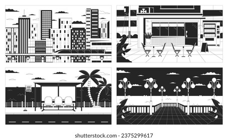 Dusk city life black and white lo fi aesthetic wallpapers set. Urban storefront, bus stop, waterfront outline 2D vector cartoon cityscape illustrations collection, monochrome lofi background