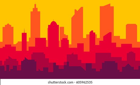 dusk city scape with silhouette of tall skyscrapers buildings in seamless pattern design