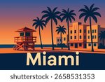 As dusk falls over Miami, the city skyline comes alive with vibrant lights against a colorful sunset sky. 