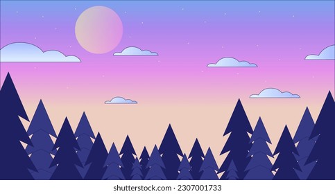 Dusk forest skyline lo fi chill wallpaper. Twilight sky stars. Sunset beauty in nature 2D vector cartoon landscape illustration, vaporwave background. 80s retro album art, synthwave aesthetics