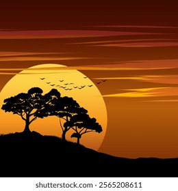 Dusk landscape with silhouette of trees against the sun