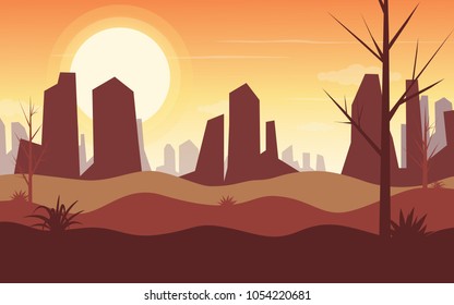 Dusk on desert landscape in flat design. Vector illustration.