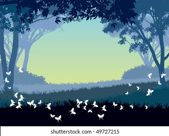 Dusk in park. Trees and flying butterflies. Vector illustration.