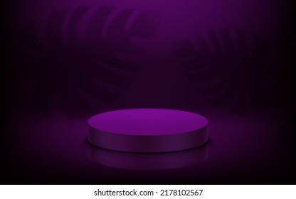 Estudio púrpura oscuro con plataforma redonda y sombras de hojas, . 3.ª ilustración vectorial