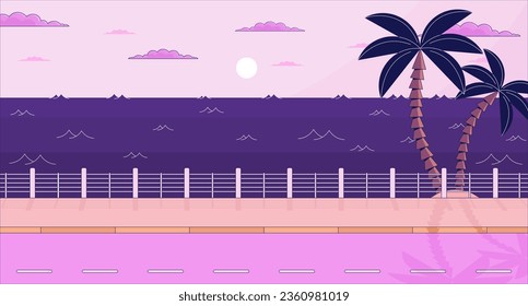 Dusk roadside seascape with palm trees lo fi aesthetic wallpaper. Twilight seaside, palmtrees 2D vector cartoon seascape illustration, purple lofi background. 90s retro album art, chill vibes