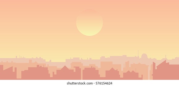 Dusk And Sun, Hot Summer Sky Over City Silhouette
Vector Cityscape Illustration