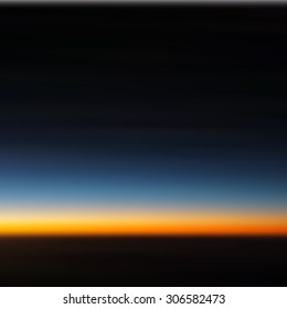 Dusk or Sunset Blurred Background. Photo vector. Evening sky, straight horizon, black, orange, blue colors. Almost night. Image for postcard, poster, party invitation, greeting, Copy space for text