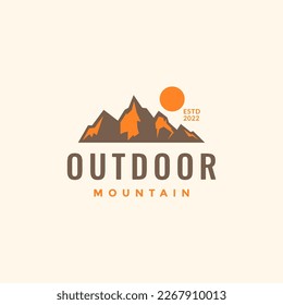 dusk sunset mountain hiking hill peak colored simple vintage logo design vector icon illustration
