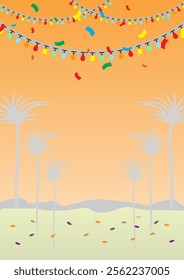 At dusk, this tranquil tropical beach background image is decorated with colorful lights and waving palm trees. The illustrations are perfect for summer events, parties, and holiday celebrations.